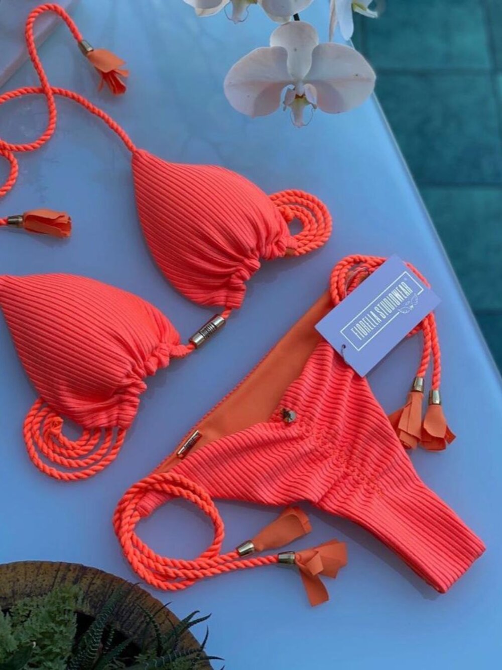 Coral Textured Triangle Bikini Set